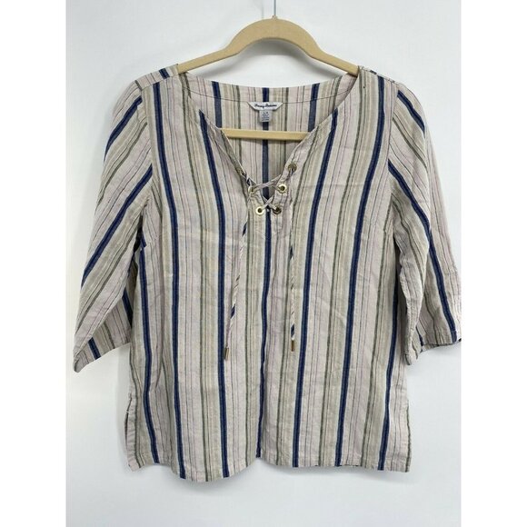 Tommy Bahama large linen blend top stripe Silver Metallic Boho 3/4 SLEEVE LACE - Picture 3 of 4